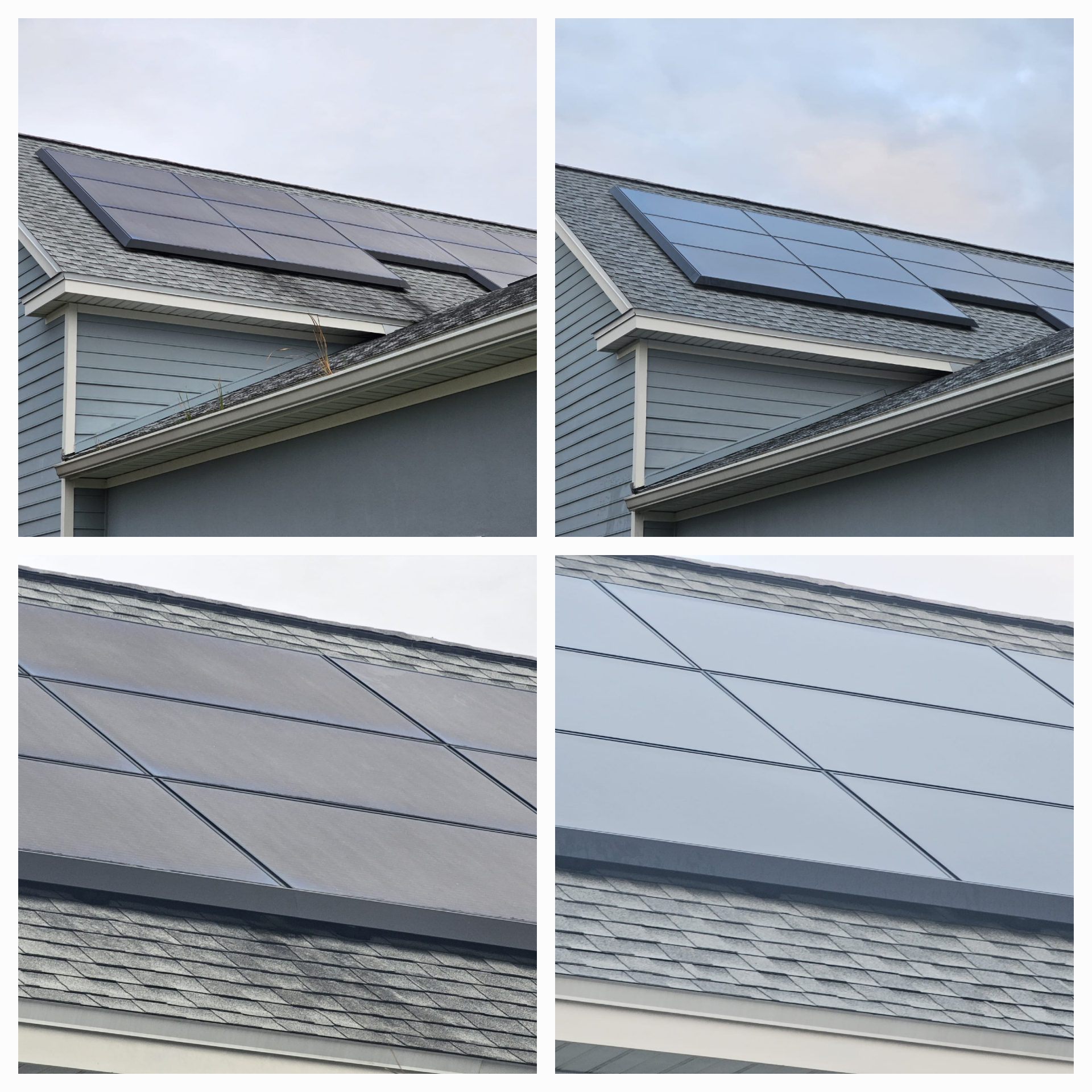 Before-and-after collage of dirty and clean rooftop solar panels.